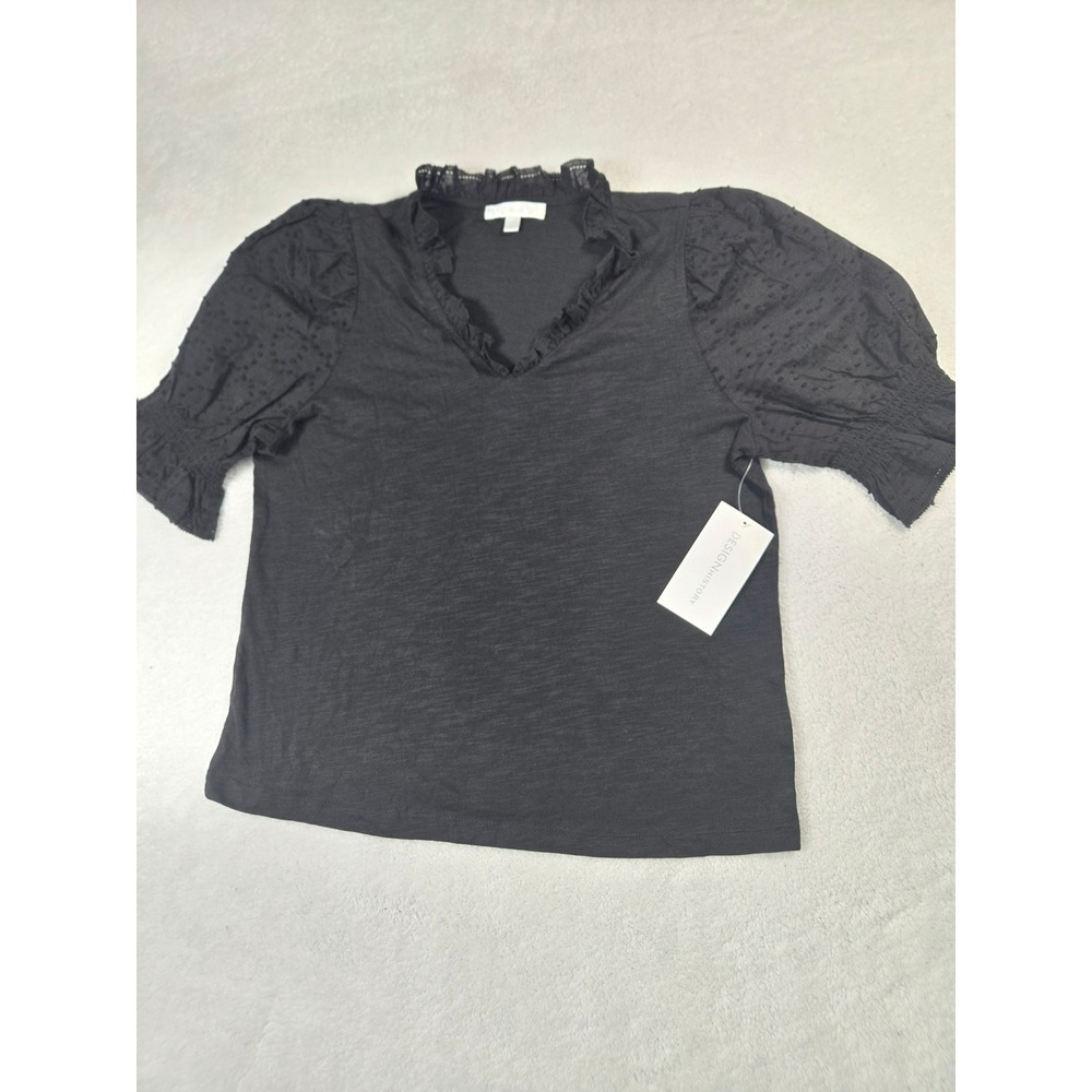 Cottagecore Womens Black Swiss Dot Puff Sleeve Ruffle Modal Blend Top S NEW